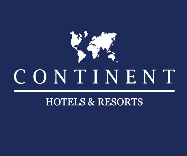 ContinENT Hotels & Resorts logo: white world map above the brand name with a line below and 'HOTELS & RESORTS' on a dark blue background.