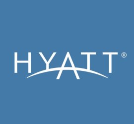 Hyatt logo in white on a blue background, featuring the brand wordmark with a curved line beneath.