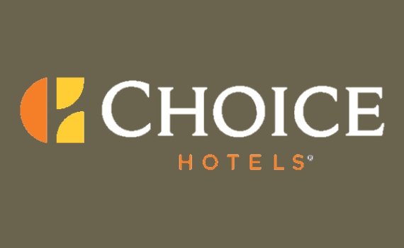 Choice Hotels logo with an orange and yellow emblem on a brown background.
