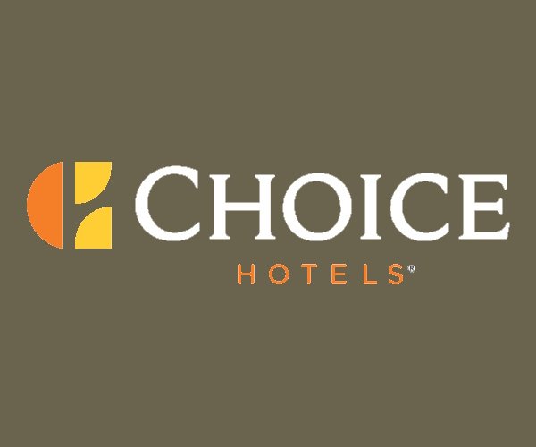Choice Hotels logo with an orange and yellow emblem on a brown background.