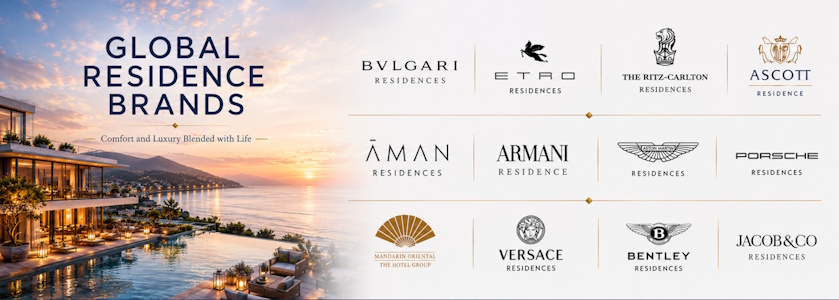 Banner of Global Residence Brands with luxury logos across a bright skyline and a seaside resort at sunset.