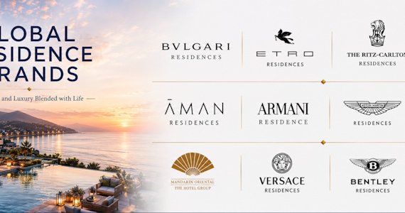 Sunset-over-water luxury resort with 'Global Residence Brands' on the left and a row of luxury residence logos (BVLGARI, ETRO, The Ritz-Carlton, Ascott, Aman, Armani, Porsche, Versace, Bentley, Jacob & Co).