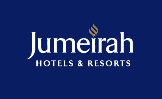 "Jumeirah Hotels & Resorts" logo on a dark blue background, with a gold stylized flame above the word Jumeirah.
