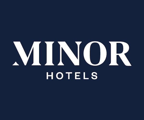 Minor Hotels logo: white text on a navy background, simple and bold.