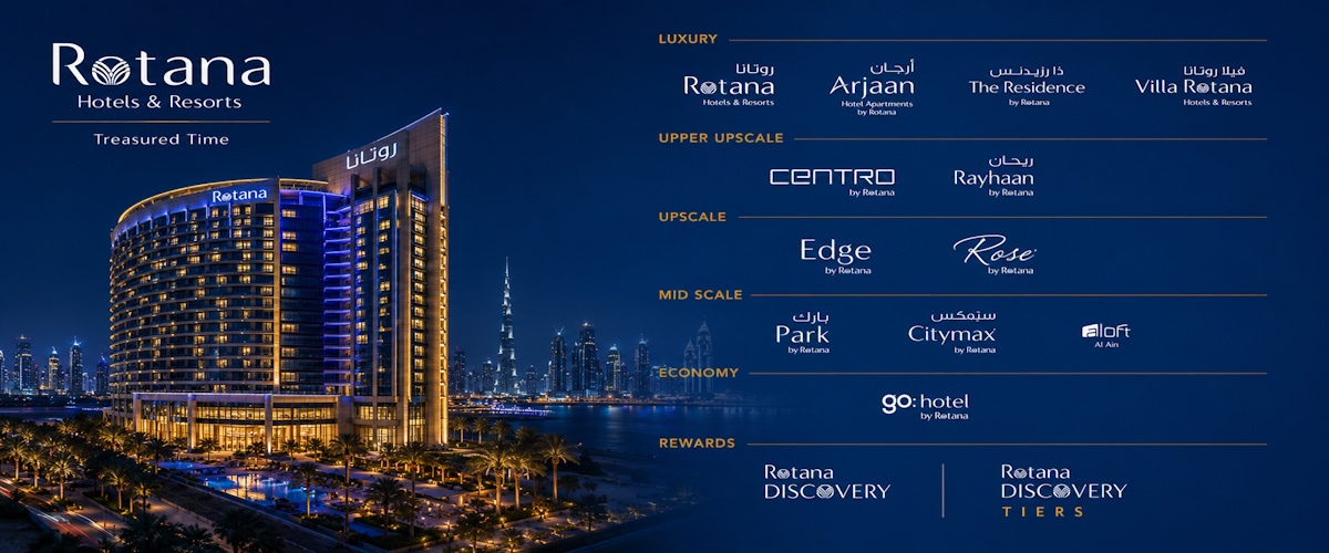 Rotana Hotels & Resorts billboard with a curved glass hotel on the left and a blue night skyline, displaying brand names on the right side panel.